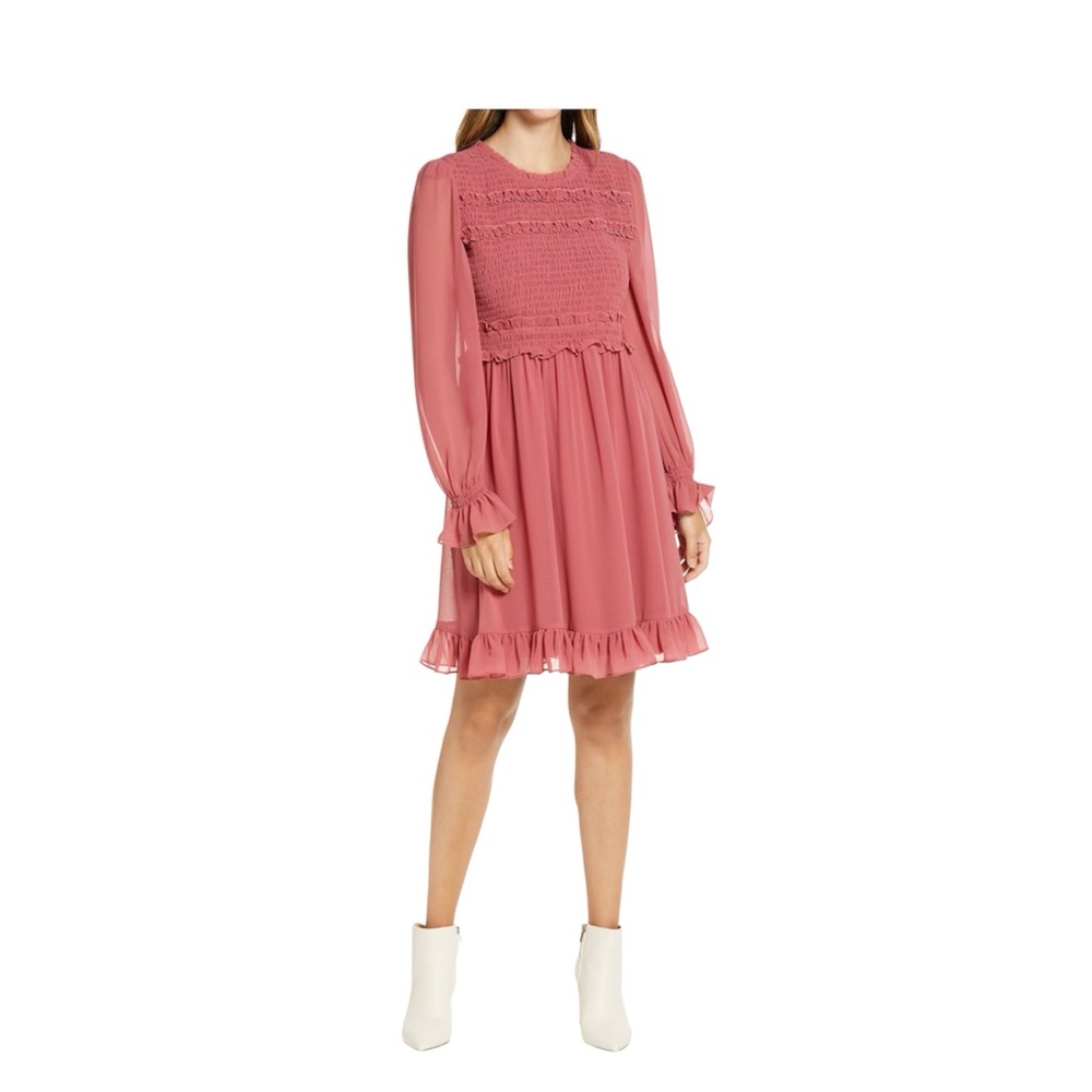 NWT Rachel Parcell Smocked Ruffle Dress Coral Pink Long Sleeve Smocked Large